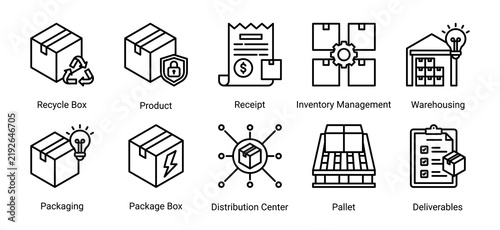 Professional warehouse management icon set featuring inventory,packaging,storage,distribution,and product handling concepts for logistics and supply chain industries.