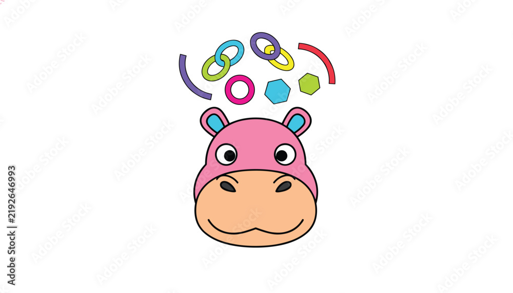 Obraz premium Cute pink hippopotamus cartoon head looking up at colorful floating rings and geometric shapes on a white background.