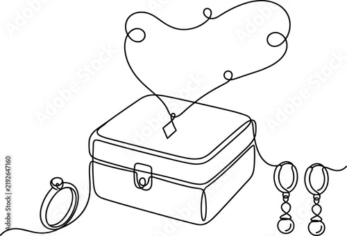 Jewelry box vector illustration with continuous line art necklace ring and earrings