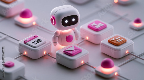 AI agent managing calendar, email, and tasks through connected glowing icons, elegant futuristic 3D illustration