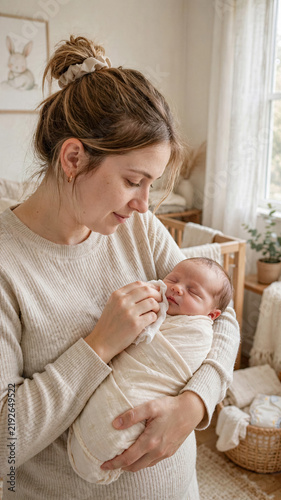 Mother tenderly wiping newborn baby face after nursing in sunlit nursery