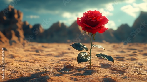 Red rose blooming in desert landscape