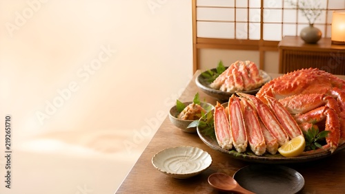 Naklejka 和モダンの落ち着いた空間の食卓を豪華に彩る鮮やかなカニの皿盛り