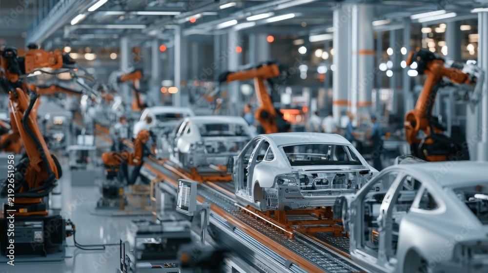 Fototapeta premium Automated car manufacturing assembly line with robotic arms and metal car frames in modern industrial factory environment