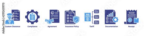 Trade Compliance web banner icon vector illustration featuring Custom Clearance, Compliance, Agreement, Insurance Policy, Tariff, Documentation and Receipt.