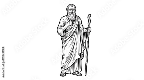 Engraving Style Illustration of an Ancient Prophet or Wise Philosopher Holding a Wooden Walking Staff