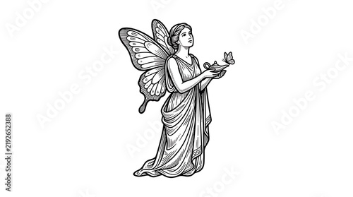 Classical Vintage Line Art Illustration of Mythical Winged Fairy Holding an Oil Lamp with Butterfly