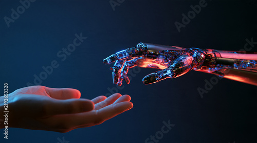 digital AI agent hand passing a completed task to human hand, human machine collaboration concept, elegant 3D render
