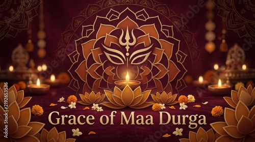 Grace of maa durga banner with trishul symbol and third eye on lotus pattern background for navratri festival greeting.
