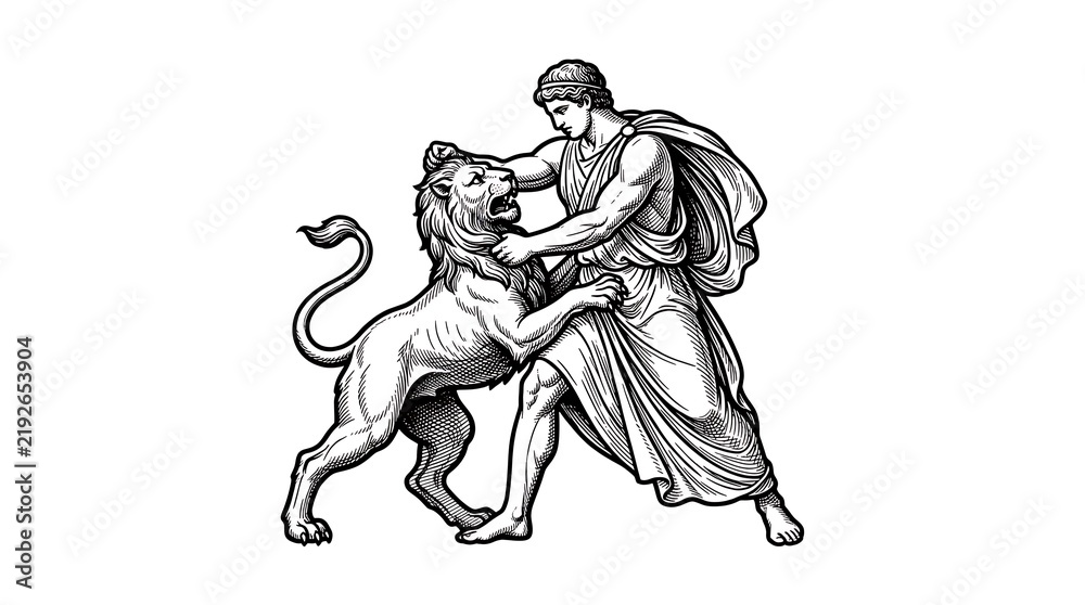 Fototapeta premium Classical Engraving of Greek Hero Hercules Wrestling the Nemean Lion Symbolizing Strength and Power