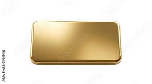 Polished gold bar with rounded corners, blank metallic plate for engraving, shiny golden rectangle plaque isolated on white background
