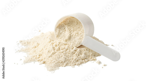 Whey protein powder with plastic measuring scoop, vanilla nutritional supplement for bodybuilding, fitness sports nutrition on white background