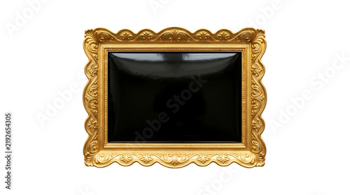 Ornate gold picture frame with black canvas, vintage baroque style border, antique gilded wooden frame isolated on white background for gallery art display