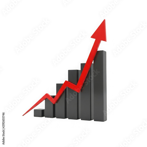 Red arrow pointing up over a black bar chart showing business growth and success