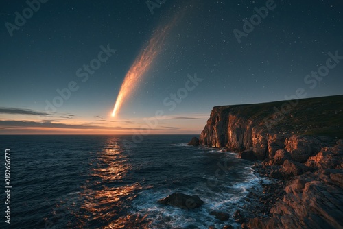 Bright comet streaks across the evening sky above rocky coast and ocean
