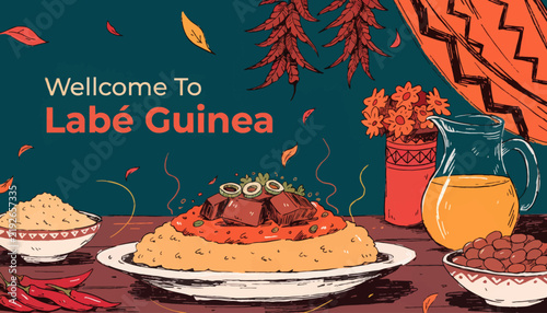 Traditional guinean meal with meat and vegetables on a table