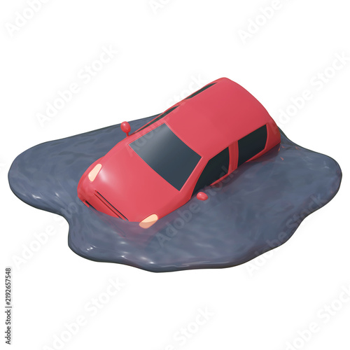 Tapety artystyczne 3D CG｜大雨・洪水・津波によって水没した赤い自家用車