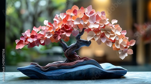 Stylized bonsai tree with red orange leaves