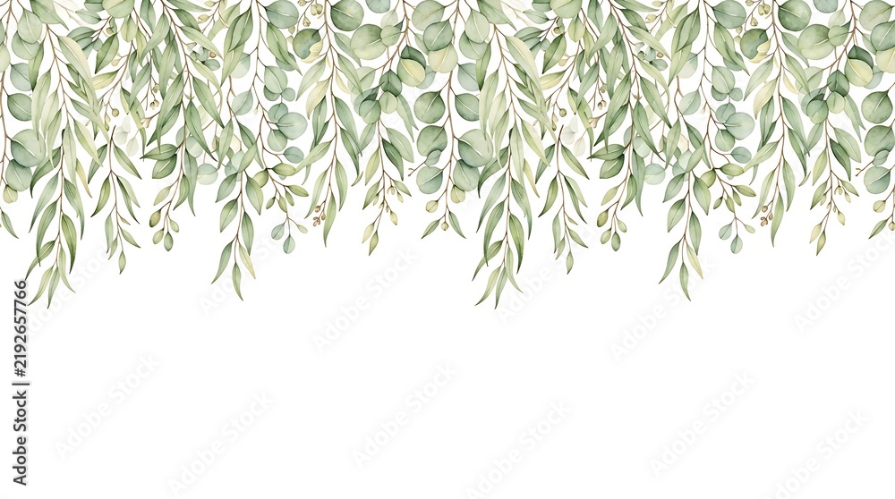 Fototapeta premium Watercolor eucalyptus leaves border, hanging green botanical foliage sprigs on a white background, hand-painted floral garland arrangement