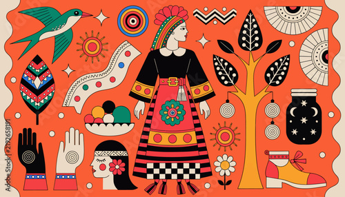 vibrant illustration of woman in traditional dress surrounded by folk art