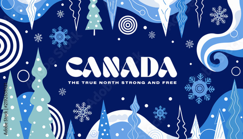 Winter Canada illustration with snowy landscape and national motto