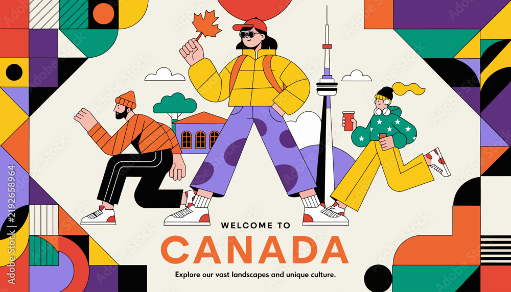 Obraz premium Welcome to Canada, vibrant illustration of tourists in Toronto