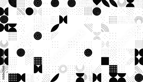 memphis style geometric pattern with black shapes on white background