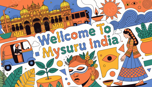 Welcome to Mysuru, India - Colorful Travel Illustration