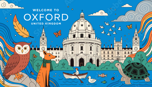 Welcome to Oxford, United Kingdom, illustration of city landmark