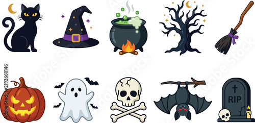 Set of halloween decorative icons with colorful halloween themed on transparent background