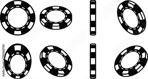 Casino poker chip collection featuring assorted round chips, angled perspectives and classic gambling game token illustrations