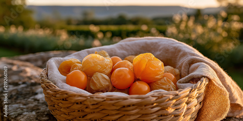 a close up photograph of a single golden orange cape gooseberry and its dried, papery husk on a weathered