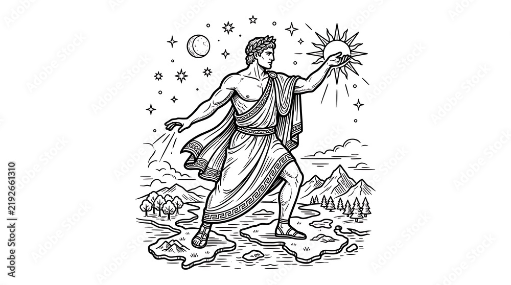 Fototapeta premium Ancient Greek God Apollo Holding the Sun and Moon Mythology Line Art Illustration on White Background