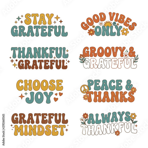 Retro groovy thanksgiving gratitude typography sticker label set vector