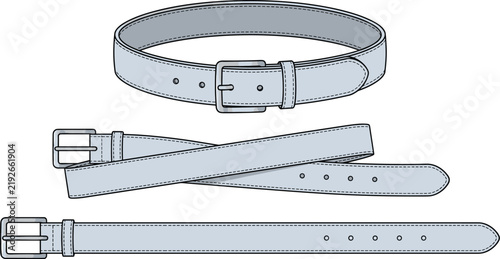 Leather belt illustration collection featuring buckled waist belts different arrangements stitching details and fashion accessory designs