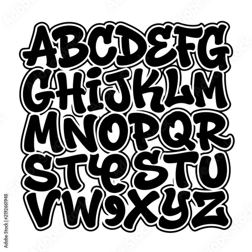 Alphabet in a black graffiti bubble font style is presented with a white outline on a plain white background, arranged neatly in rows.