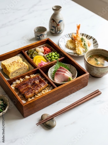 Japanese bento box with eel sashimi and tempura