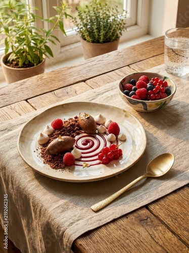 Gourmet chocolate dessert with berries and meringue