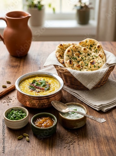Indian food with naan and dips