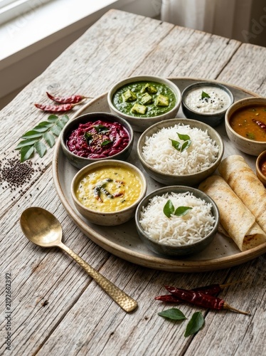 Indian Thali meal with rice dal and curries