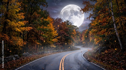 A winding autumn road disappears into colorful woodland beneath an enormous glowing full moon, combining realistic forest detail with surreal scale.
