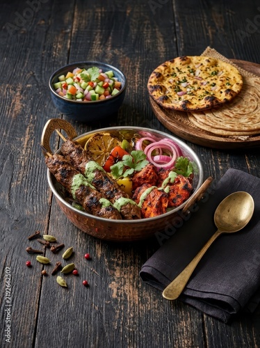 Indian food platter with kebabs and naan