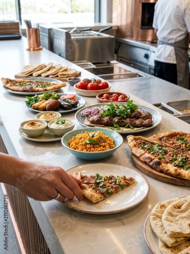 Hand reaching for a slice of Turkish pide with various dishes