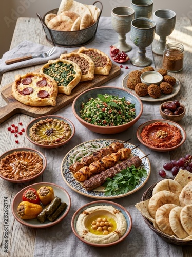 Middle Eastern food spread on a table