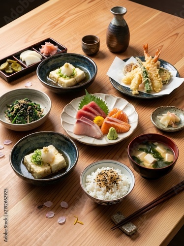 Japanese food spread with sashimi tempura and sake
