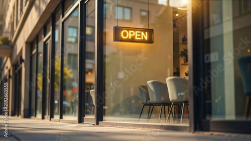 Modern storefront with illuminated open sign, glass and chairs visible through windows on an urban street