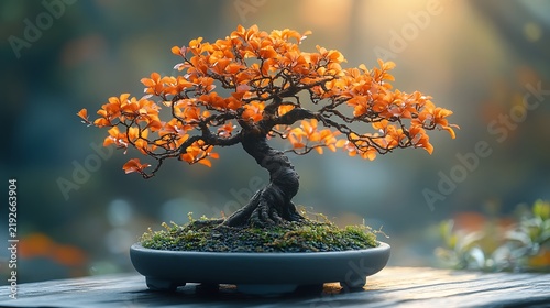 Bonsai tree in pot with orange leaves