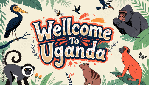 Welcome to Uganda, colorful wildlife and nature illustration