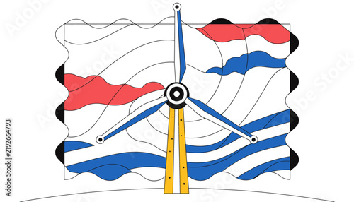 Wind turbine with waving flag, renewable energy concept