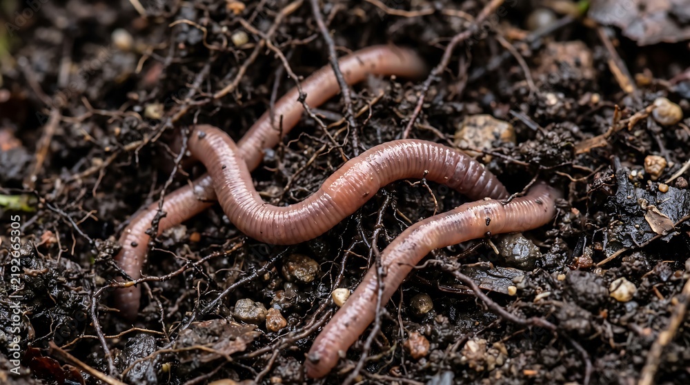 Fototapeta premium A macro extreme close-up view of earthworms crawling through dark, rich soil intertwined with fine plant roots, representing themes of agriculture, organic farming, soil health, and natural ecosystems